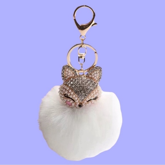 Fluffy Fox White and Gold Pom Rhinestone Bag Charm Key Chain - Picture 2 of 3